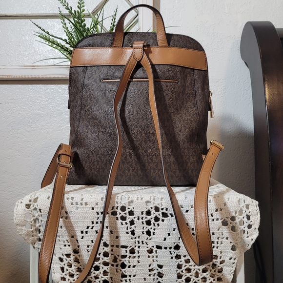 Michael Kors Brown Unisex Rhea Zip Medium Slim MK Signature Logo Backpack - Picture 5 of 14